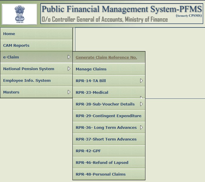How to Submit Tour TA Claim in PFMS (Step-by-Step Guide, 2026) PFMS e-Claim dashboard showing Generate Claim Reference Number menu