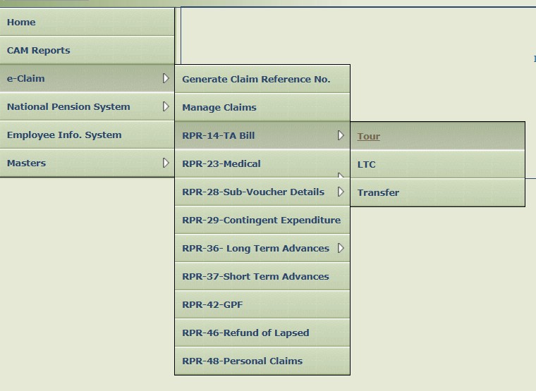 How to Submit Tour TA Claim in PFMS (Step-by-Step Guide, 2026) PFMS navigation menu showing e-Claim, RPR-14 TA Bill, and the Tour option selection